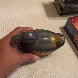 Vintage Pewter & Brass Duck on Nest Trinket Box Hong Kong EUC